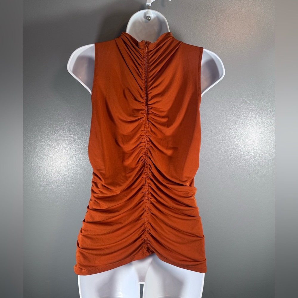 Calvin Klein Ruched Sleeveless Mock Neck Top Rust Orange Stretch Blouse Size M - Picture 5 of 14
